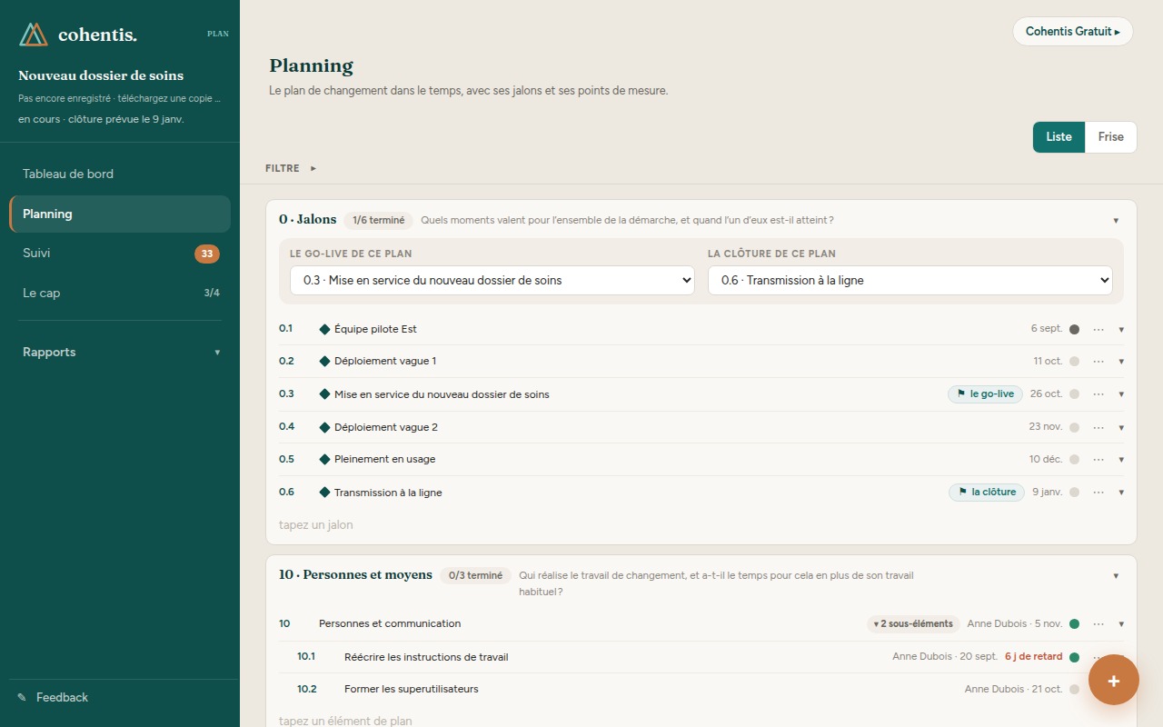 La planification en liste : la bande des jalons, avec le go-live et la clôture du plan, et en dessous un sous-plan avec ses éléments numérotés.
