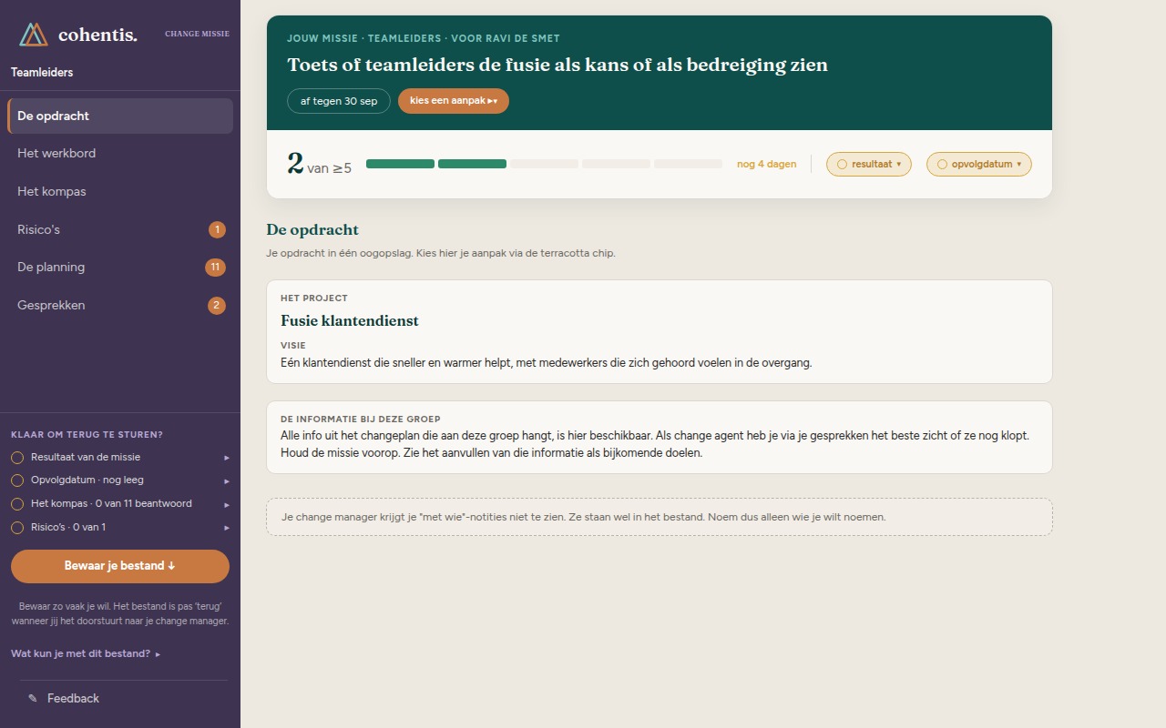Het missiebestand opent op je opdracht: de groep, voor wie, het doel en de deadline, met het project en wat er over deze groep bekend is.